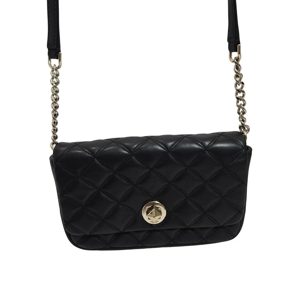 Kate Spade Natalia Crossbody Bag Small Black Quilted Leather Gold Turn-Lock 1418